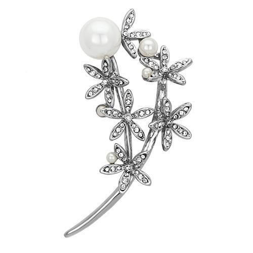 LO2833 Imitation Rhodium White Metal Brooch featuring a synthetic pearl centerpiece, elegantly designed for versatile styling.