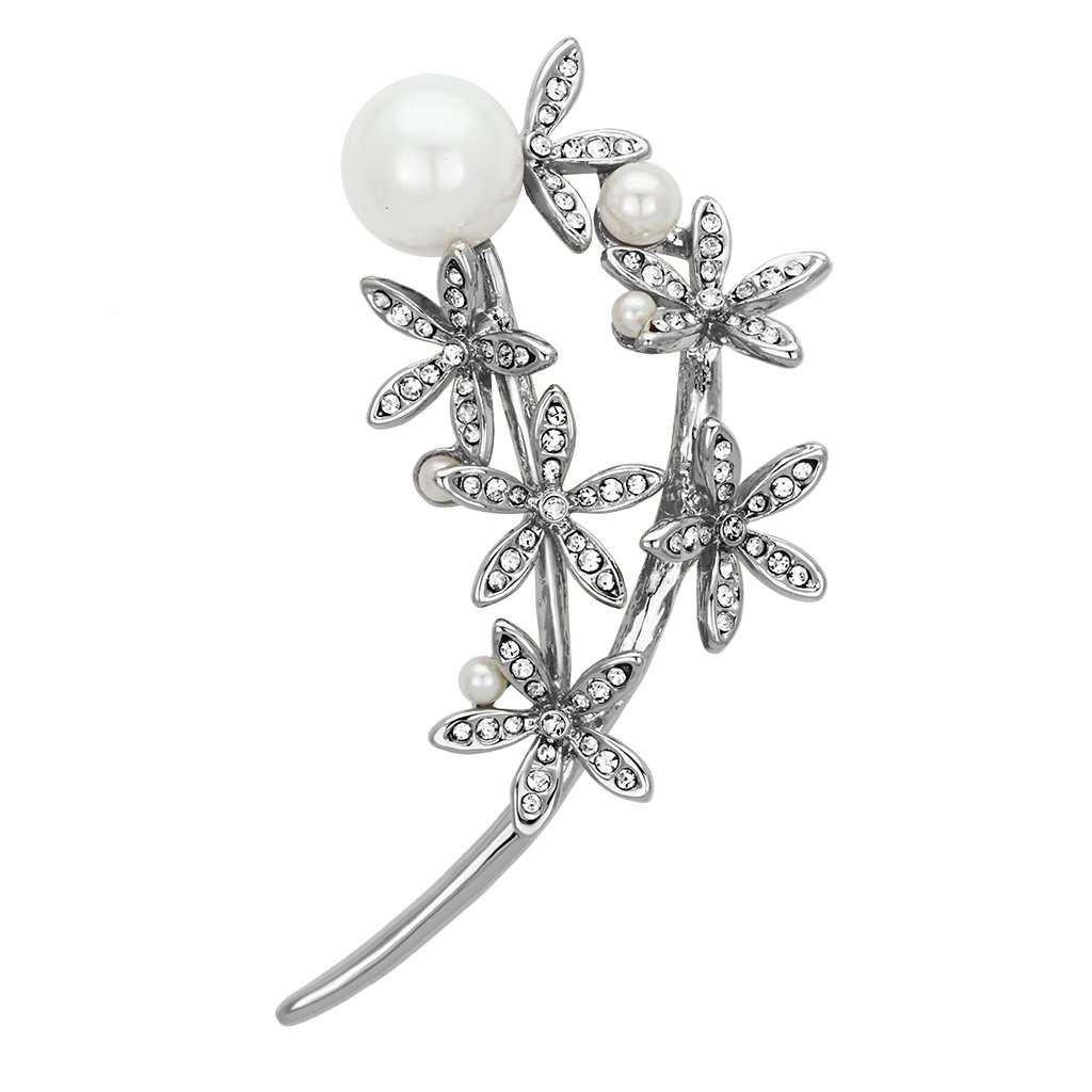 LO2834 Flash Rose Gold White Metal Brooch featuring a synthetic white pearl, elegantly designed for versatile styling.