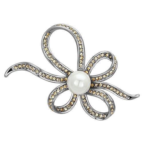 LO2840 Imitation Rhodium White Metal Brooch featuring a synthetic pearl centerpiece, elegantly designed for formal occasions.