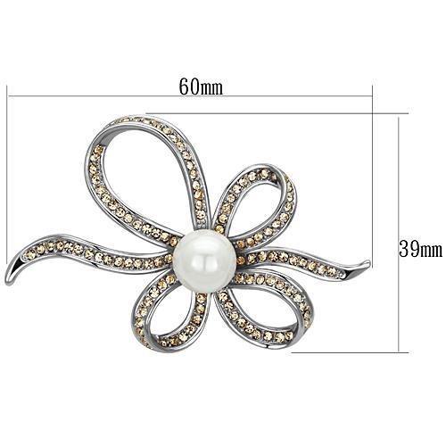 LO2840 Imitation Rhodium White Metal Brooch featuring a synthetic pearl centerpiece, elegantly designed for formal occasions.