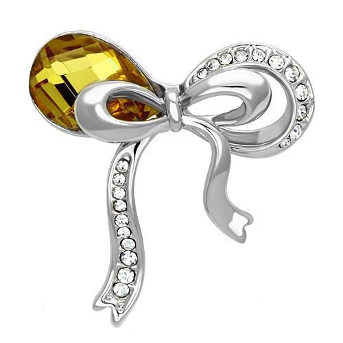 LO2846 Imitation Rhodium White Metal Brooch featuring a topaz synthetic glass bead, elegantly designed for versatile wear.