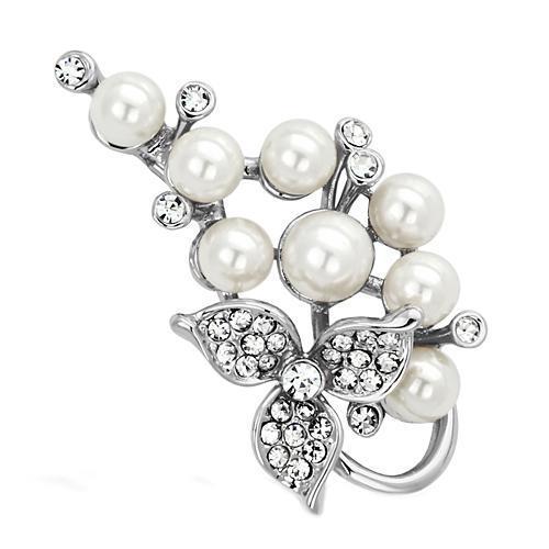 Elegant LO2852 brooch featuring imitation rhodium finish and a white synthetic pearl centerpiece, perfect for formal occasions.