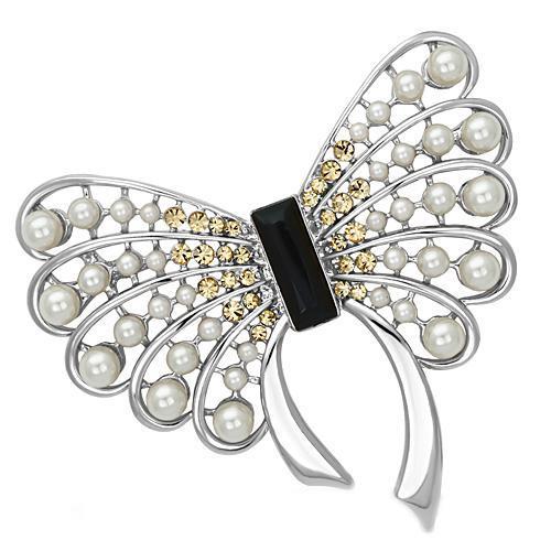 Elegant LO2868 Imitation Rhodium White Metal Brooch featuring a jet-colored synthetic pearl centerpiece, perfect for formal occasions.