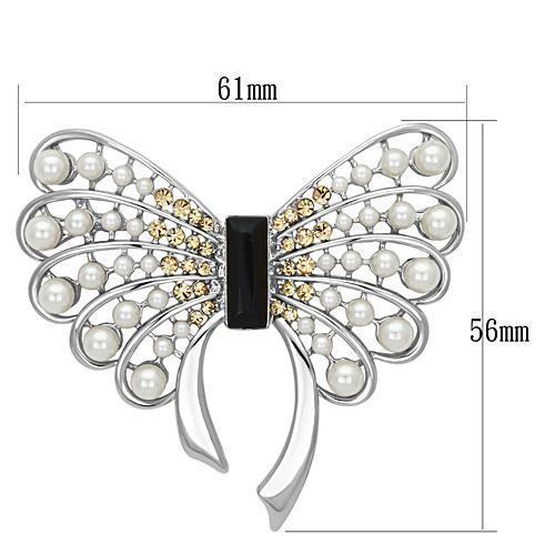 Elegant LO2868 Imitation Rhodium White Metal Brooch featuring a jet-colored synthetic pearl centerpiece, perfect for formal occasions.