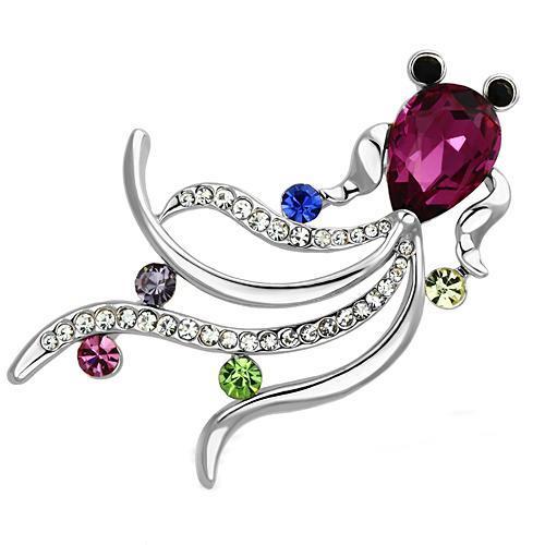 LO2904 Imitation Rhodium White Metal Brooch featuring a vibrant fuchsia synthetic glass bead, elegantly designed for stylish accessorizing.