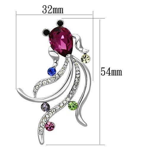 LO2904 Imitation Rhodium White Metal Brooch featuring a vibrant fuchsia synthetic glass bead, elegantly designed for stylish accessorizing.