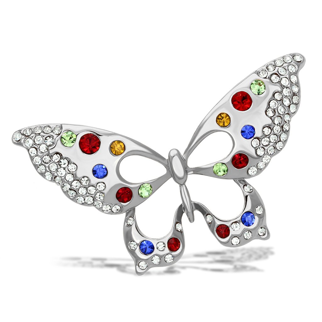 LO2906 Imitation Rhodium White Metal Brooch featuring multi-color top grade crystals, elegantly designed for versatile styling.