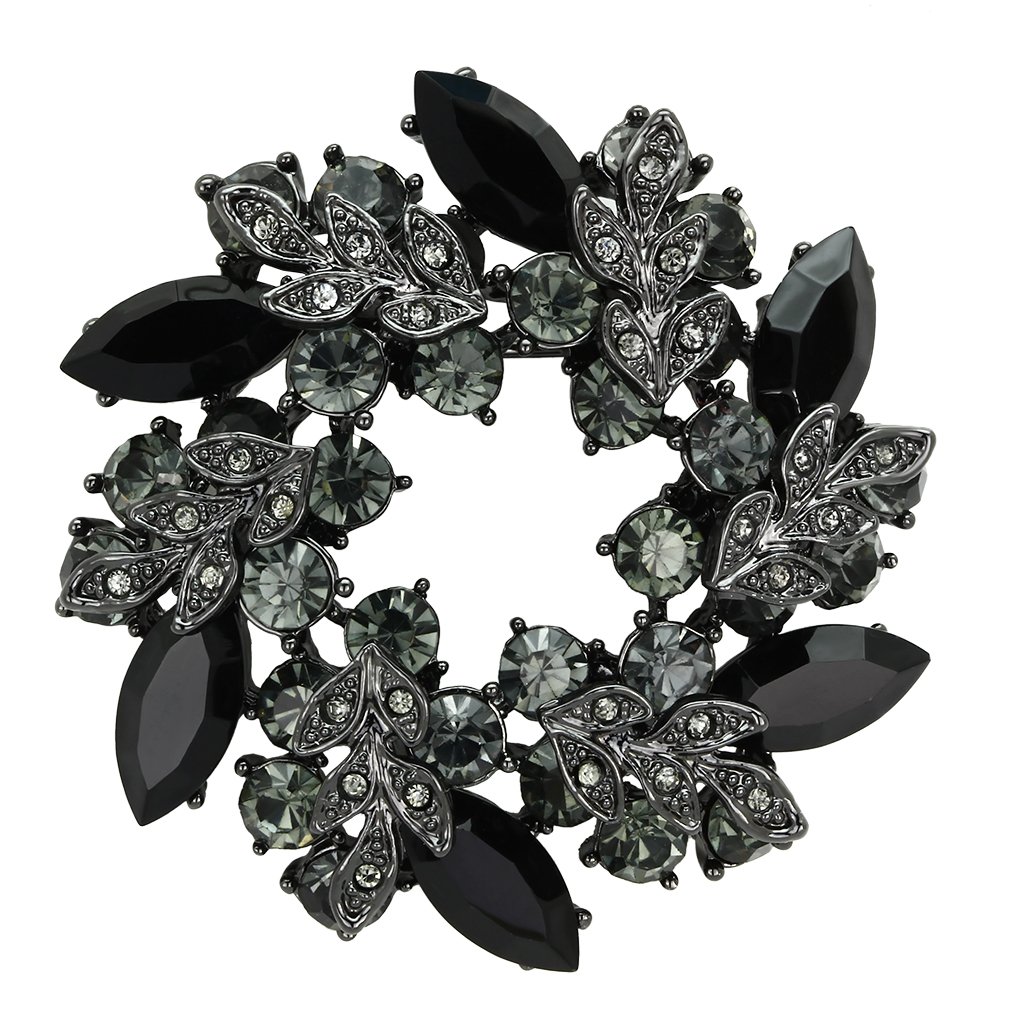 LO2917 Ruthenium White Metal Brooch featuring a top-grade jet crystal centerpiece, showcasing elegance and sophistication.