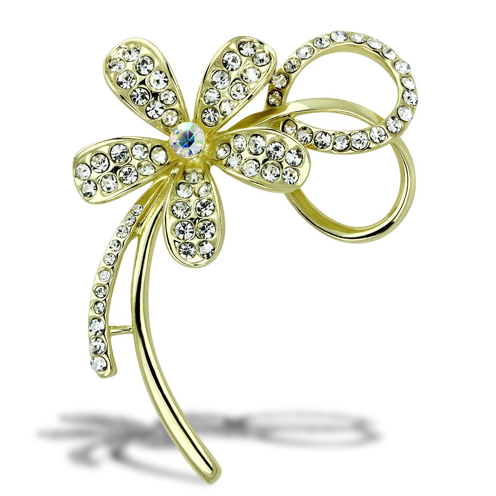 LO2924 Flash Gold White Metal Brooch featuring a clear top grade crystal centerpiece, showcasing elegance and sophistication.