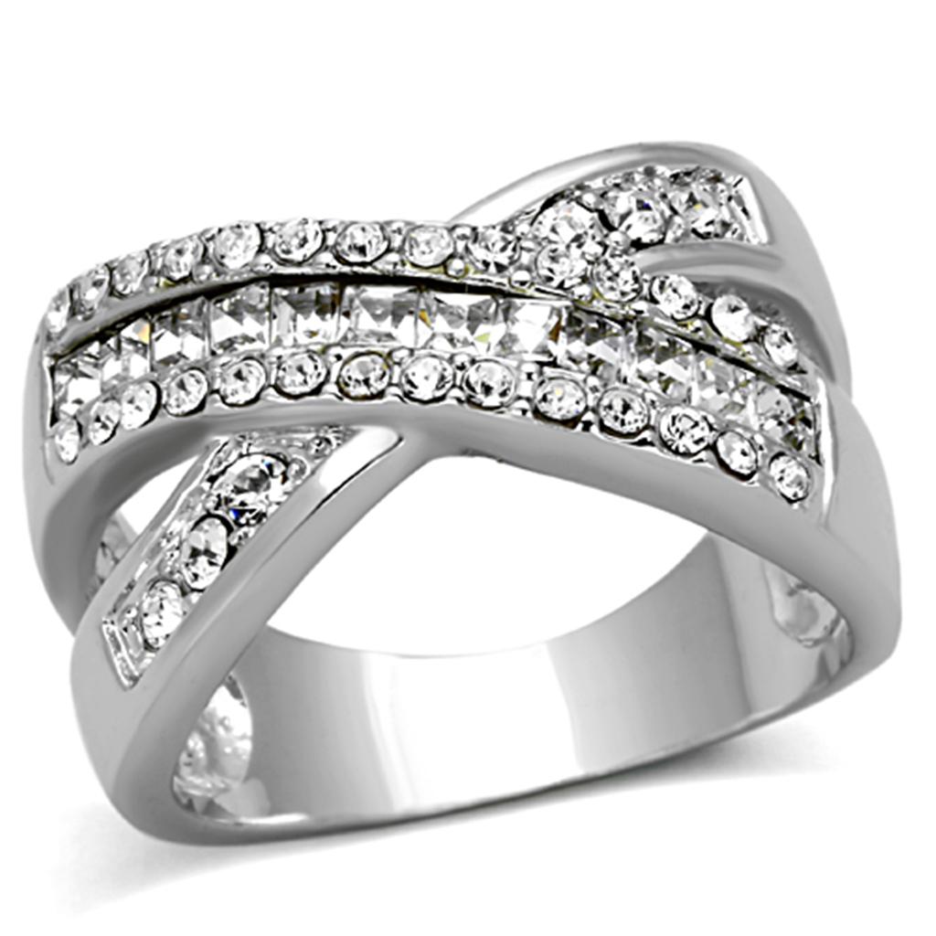 LO2942 Rhodium Brass Ring featuring a clear top grade crystal, showcasing its elegant design and luxurious finish.