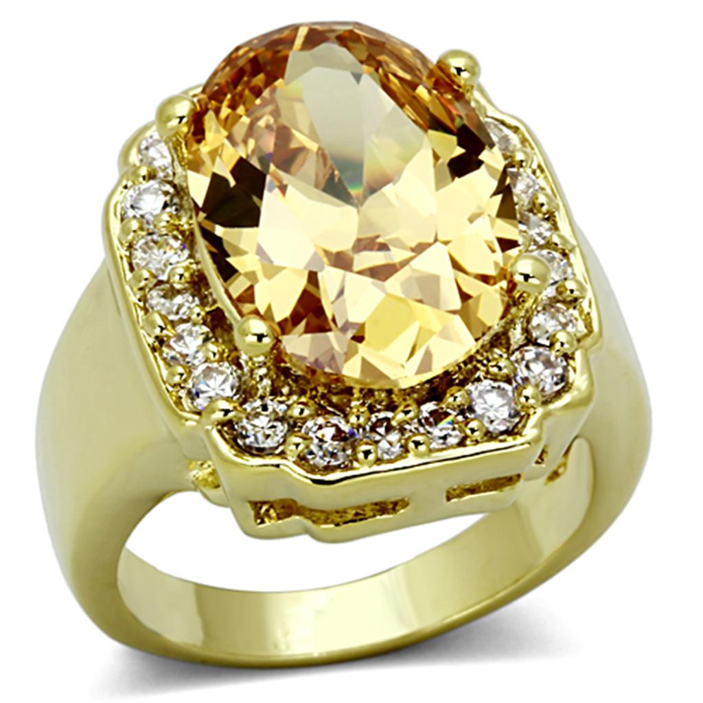 LO2955 Gold Brass Ring featuring AAA Grade CZ in Topaz color, showcasing its elegant design and sparkling center stone.