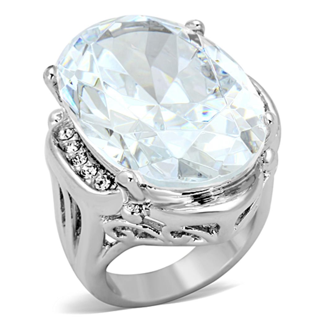 LO2950 Rhodium Brass Ring featuring a clear AAA Grade CZ stone, showcasing its elegant design and luxurious finish.