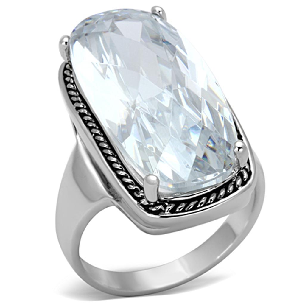 LO2958 Rhodium Brass Ring featuring a clear AAA Grade CZ stone, showcasing its elegant design and shiny finish.