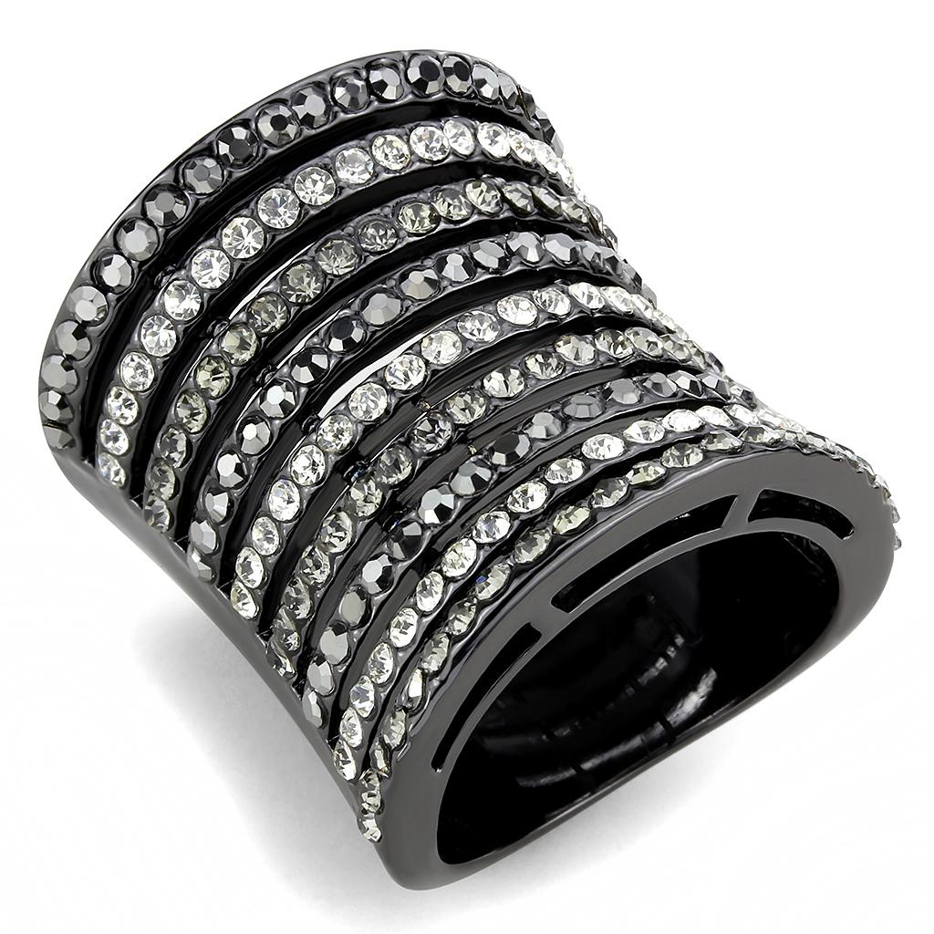 LO2967 Ruthenium Brass Ring featuring a black diamond crystal, showcasing its elegant design and luxurious finish.