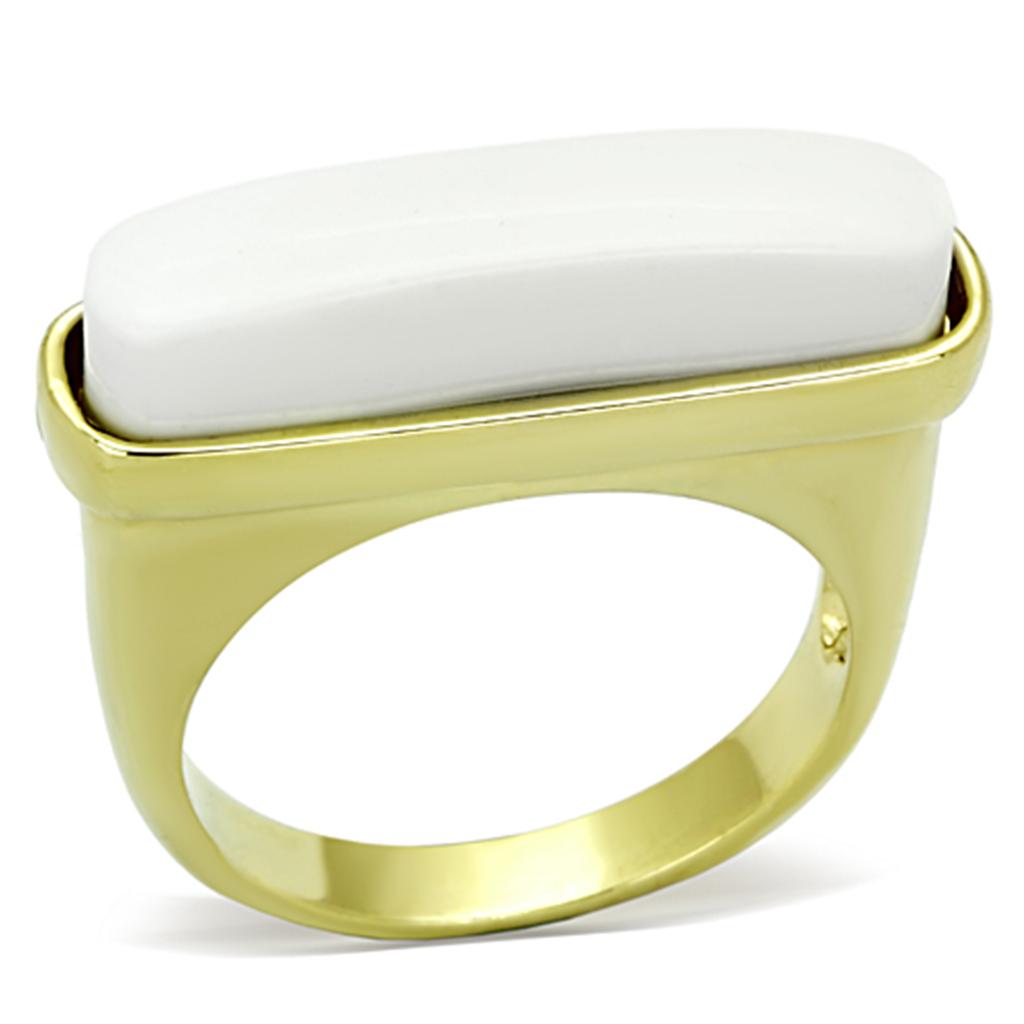 LO3011 Gold Brass Ring featuring a white synthetic stone, elegantly designed for stylish wear.