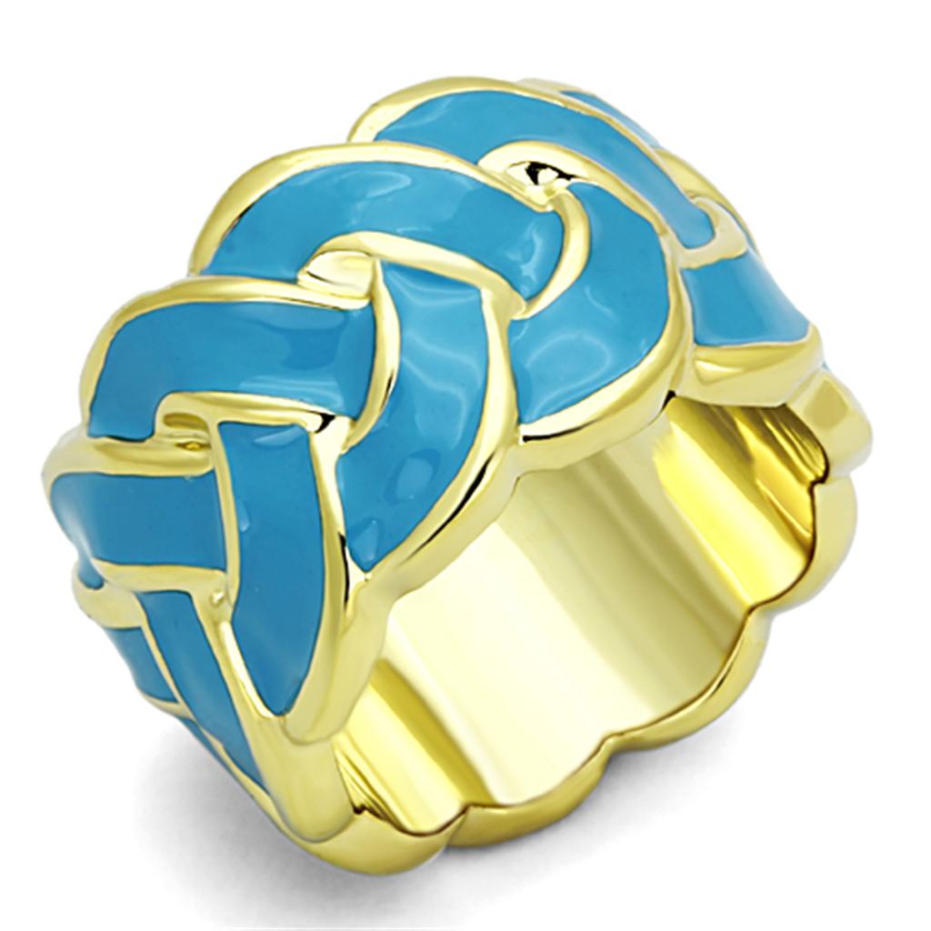 LO3010 Gold Brass Ring featuring a vibrant sea blue epoxy stone, elegantly designed for stylish wear.