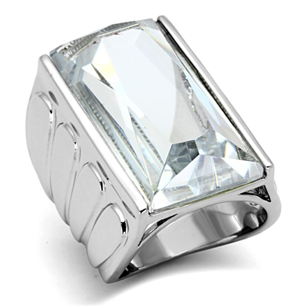 LO3030 Rhodium Brass Ring featuring a clear AAA Grade CZ stone, showcasing its elegant design and shiny finish.