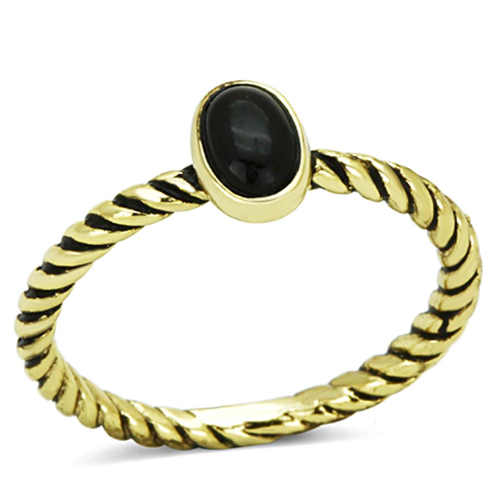 LO3063 Gold Brass Ring featuring a synthetic jet onyx stone, elegantly designed with a gold plating.