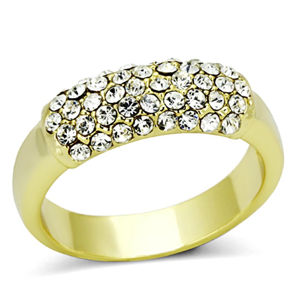 LO3067 Gold Brass Ring featuring a clear top grade crystal, showcasing its elegant design and luxurious gold finish.