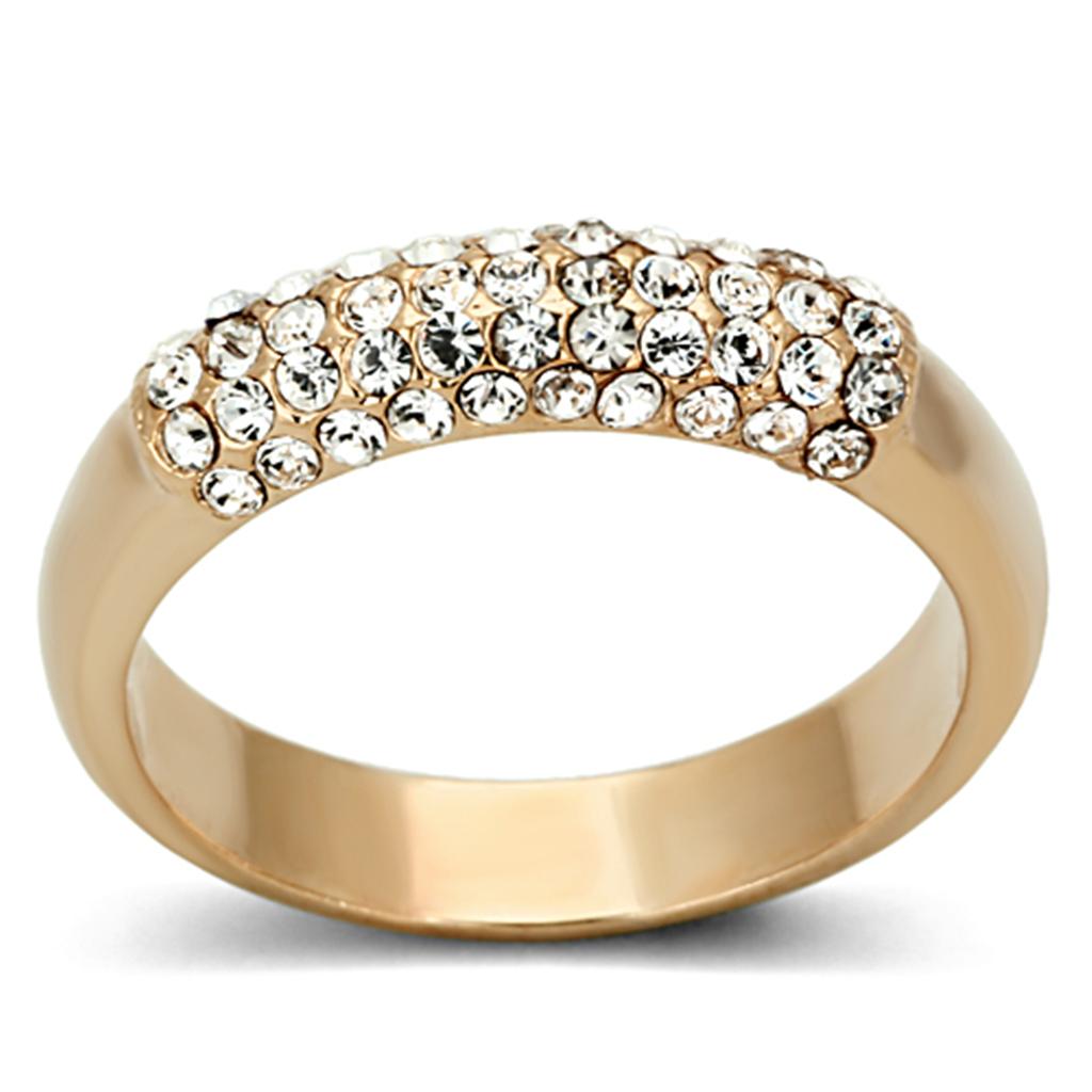 LO3069 Rose Gold Brass Ring featuring a clear top grade crystal, showcasing its elegant design and luxurious finish.