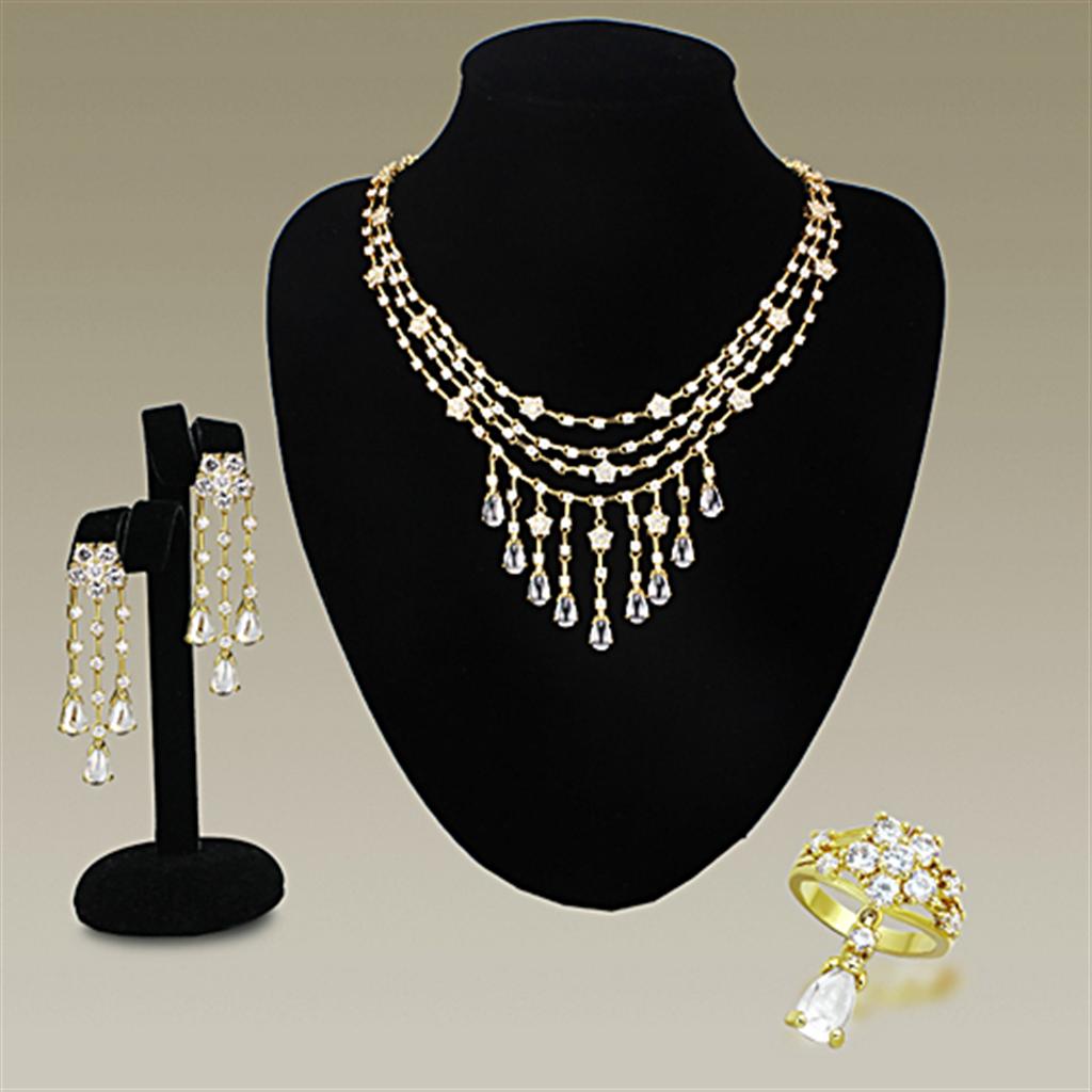 LO3077 Gold Brass Jewelry Set featuring AAA Grade Clear CZ stones, elegantly designed for a luxurious look.