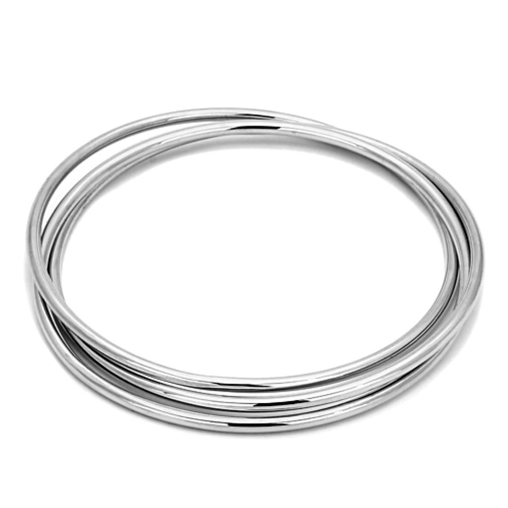 A sleek rhodium brass bangle with a polished finish, showcasing its elegant design and lightweight structure.