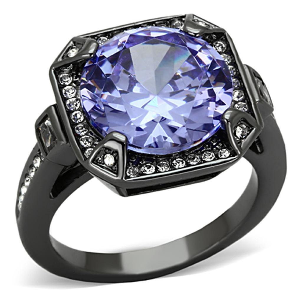 LO3075 Ruthenium Brass Ring featuring AAA Grade CZ in vibrant Tanzanite, showcasing its elegant design and luxurious finish.