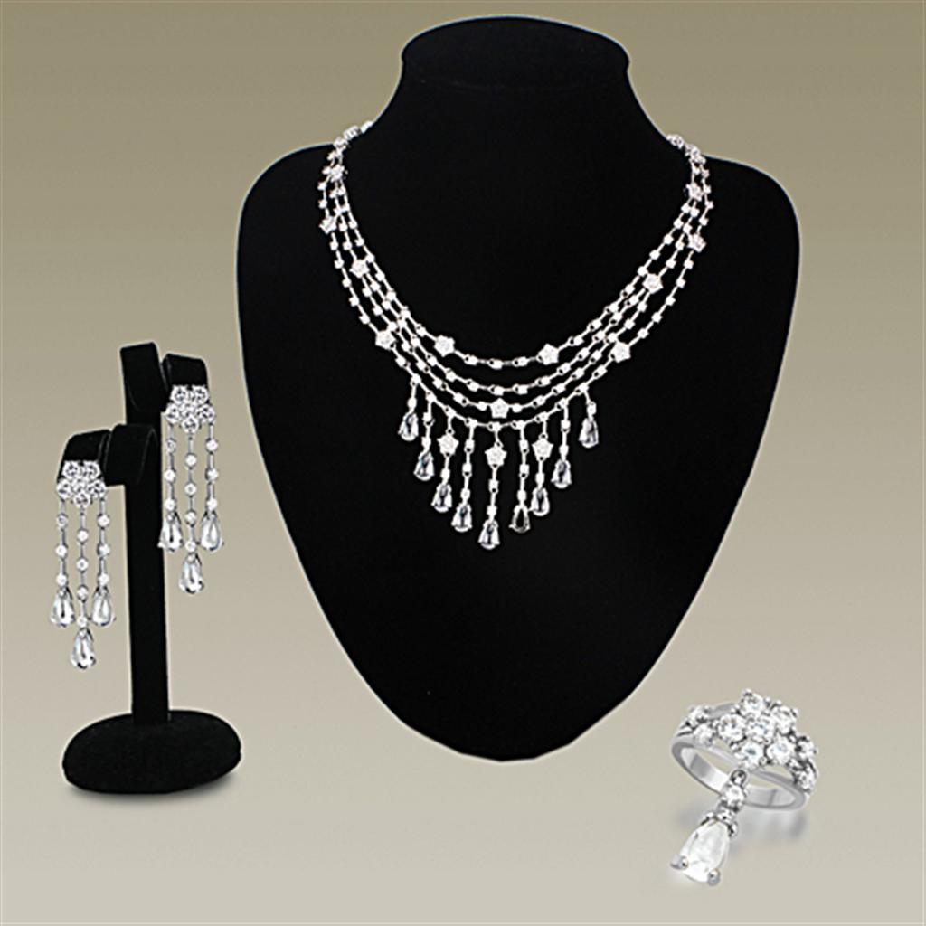 LO3076 Rhodium Brass Jewelry Set featuring AAA Grade CZ in Clear, showcasing its elegant design and sparkling center stone.