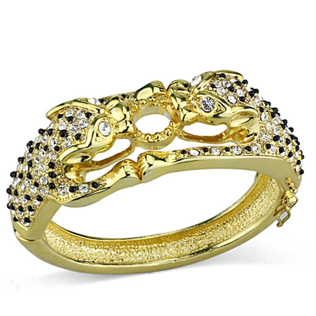 Elegant LO3083 Gold Brass Bangle featuring a clear top grade crystal centerpiece, perfect for stylish accessorizing.