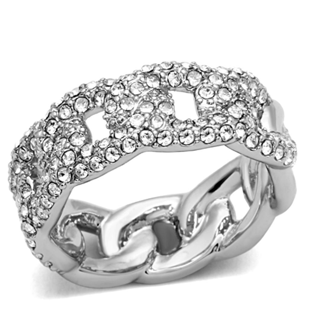 LO3210 Rhodium Brass Ring featuring a clear top grade crystal, showcasing its elegant design and luxurious finish.