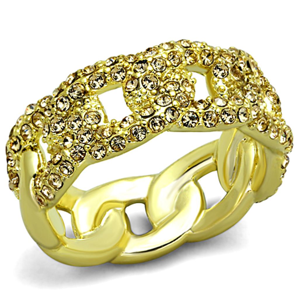 LO3215 Gold Brass Ring featuring a top-grade light smoked crystal, showcasing its elegant design and luxurious finish.