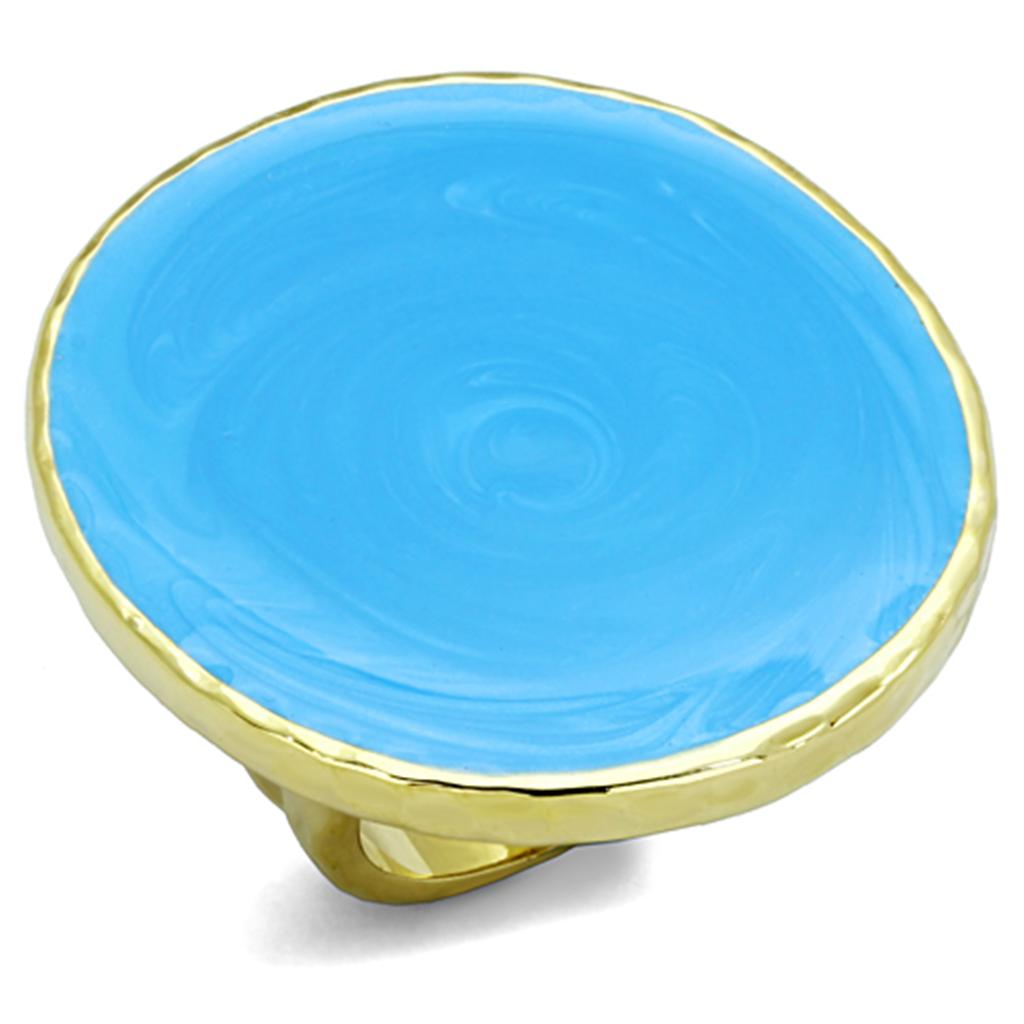 LO3239 Gold Brass Ring featuring a vibrant sea blue epoxy stone, elegantly designed for stylish wear.