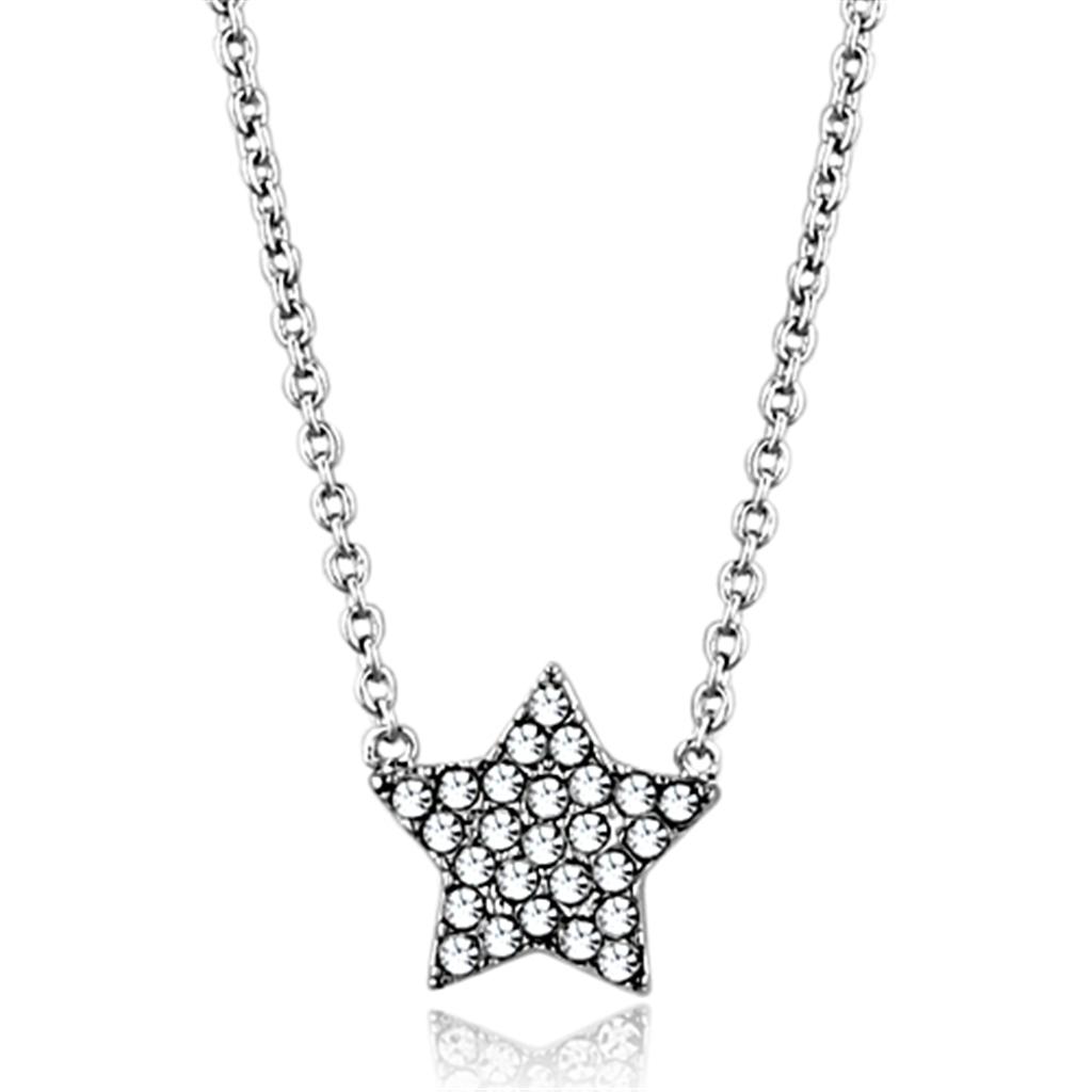 LO3225 Rhodium Brass Necklace featuring a clear top grade crystal, elegantly designed for versatile wear.