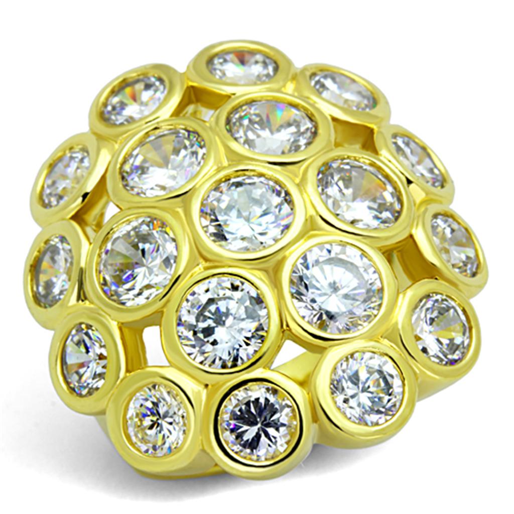 LO3250 Gold Brass Ring featuring a clear AAA Grade CZ stone, showcasing its elegant design and luxurious gold finish.