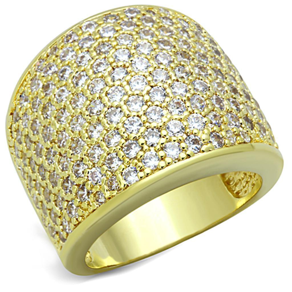 LO3284 Gold Brass Ring featuring a clear AAA Grade CZ stone, elegantly designed for a luxurious look.