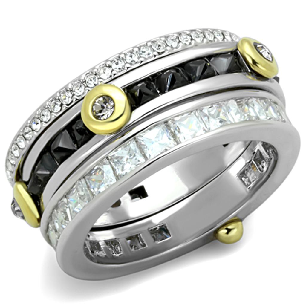 LO3287 Reverse Two-Tone Brass Ring featuring AAA Grade CZ stone in black diamond color, showcasing its elegant design and craftsmanship.