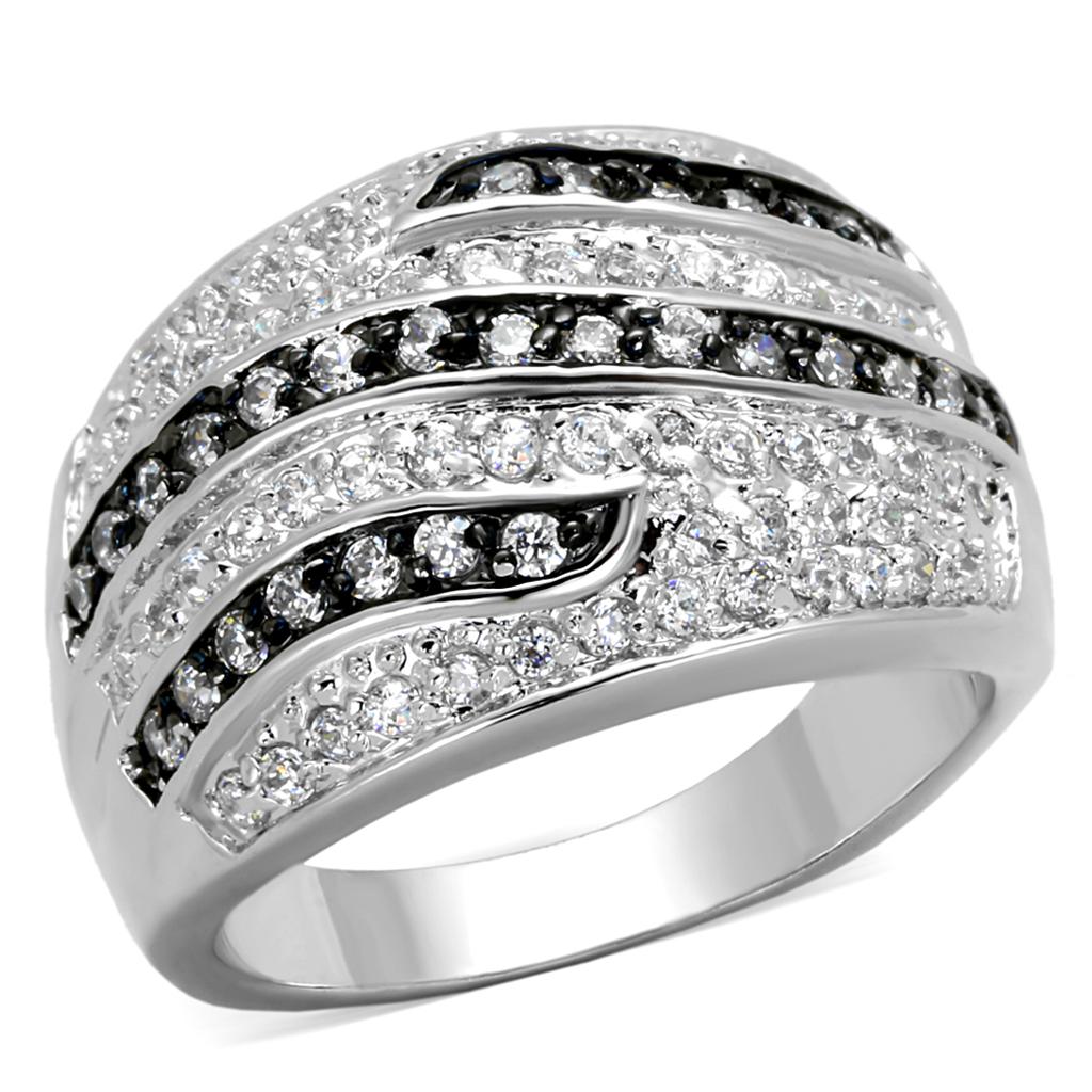 LO3400 Rhodium and Ruthenium Brass Ring featuring a clear AAA Grade CZ stone, showcasing its elegant design and luxurious finish.