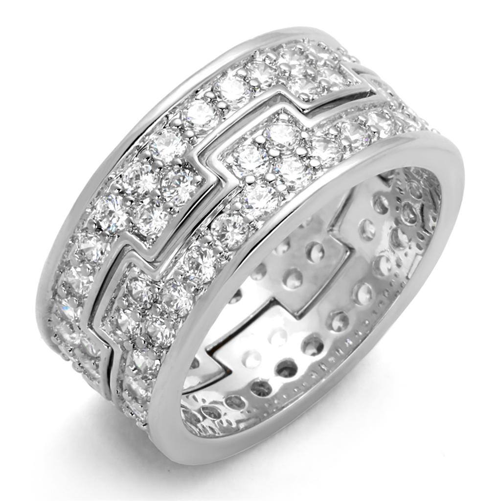 LO3348 Rhodium Brass Ring featuring a clear AAA Grade CZ center stone, showcasing its elegant design and luxurious finish.