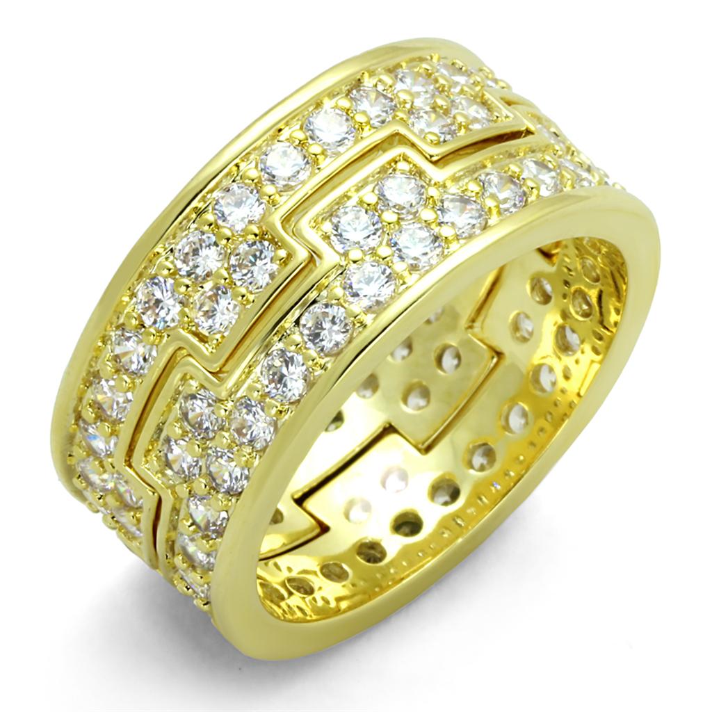 LO3349 Gold Brass Ring featuring a clear AAA Grade CZ stone, elegantly designed for any occasion.