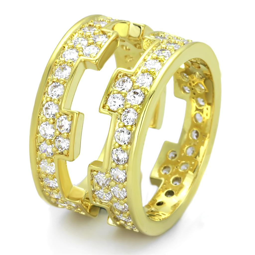 LO3349 Gold Brass Ring featuring a clear AAA Grade CZ stone, elegantly designed for any occasion.