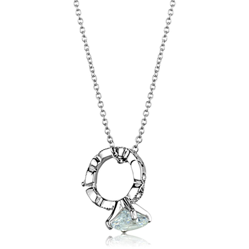 LO3494 Rhodium Brass Pendant featuring a clear AAA Grade CZ stone, elegantly designed for versatile wear.