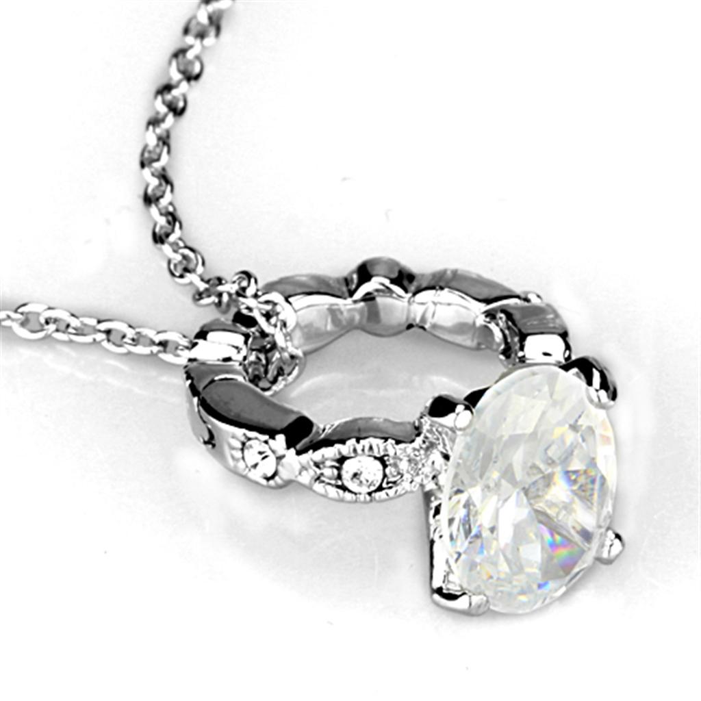 LO3494 Rhodium Brass Pendant featuring a clear AAA Grade CZ stone, elegantly designed for versatile wear.