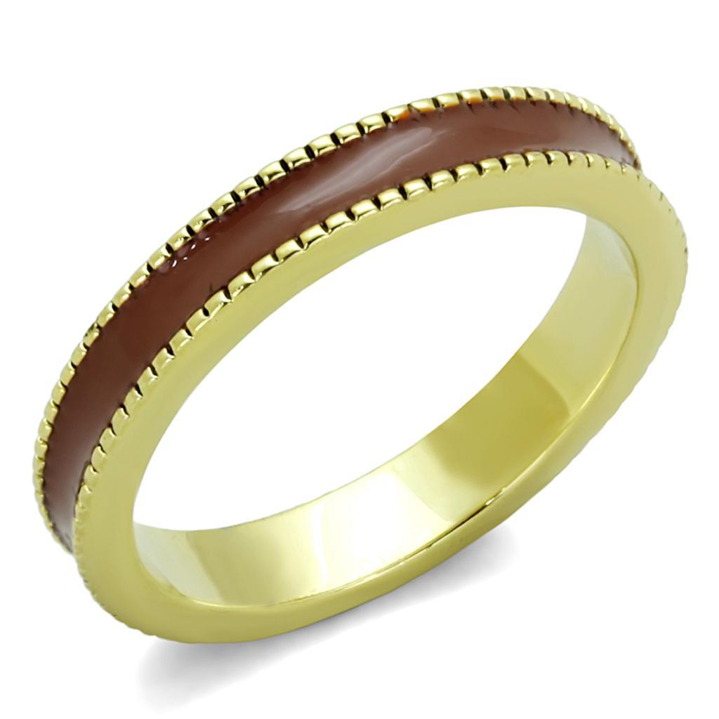 LO3551 Gold Brass Ring featuring a brown epoxy stone, elegantly designed for stylish wear.