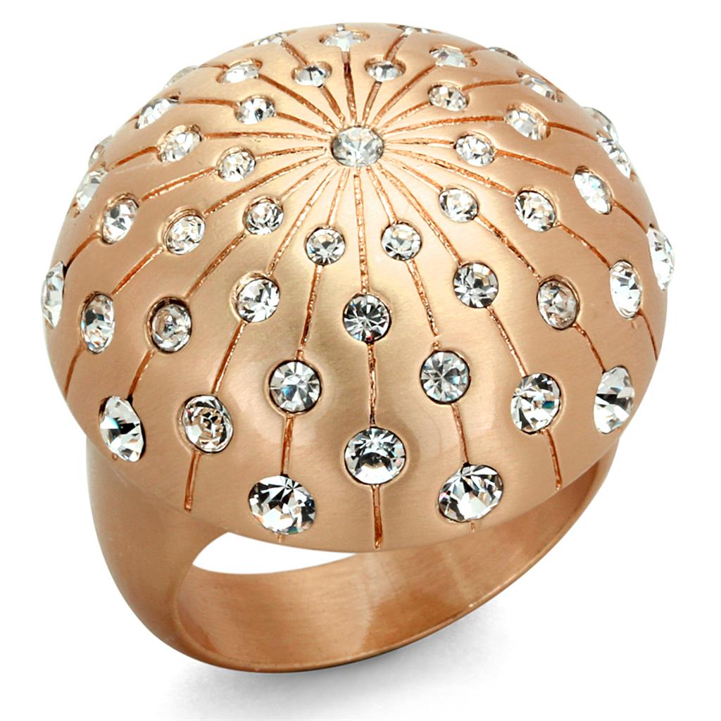 LO3514 Rose Gold Brass Ring featuring a clear top grade crystal, showcasing its elegant design and sparkling centerpiece.