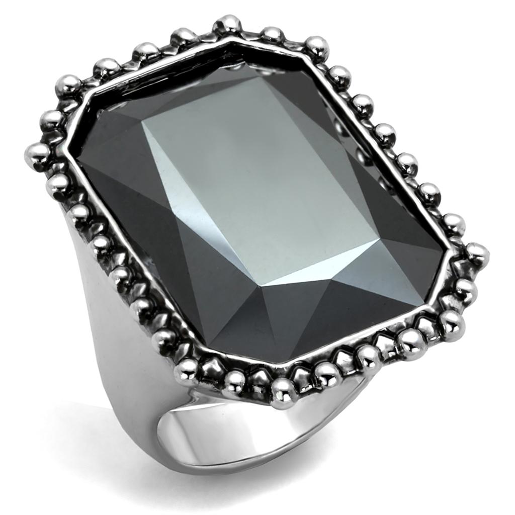 LO3532 Rhodium Brass Ring featuring a top-grade hematite crystal, showcasing its elegant design and shiny finish.