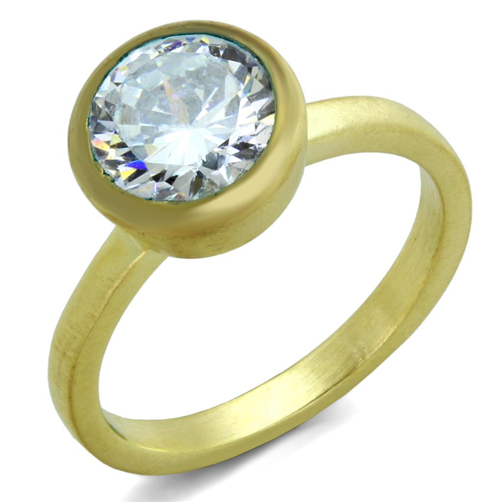 LO3538 Gold & Brush Brass Ring featuring a clear AAA Grade CZ stone, showcasing its elegant design and luxurious finish.