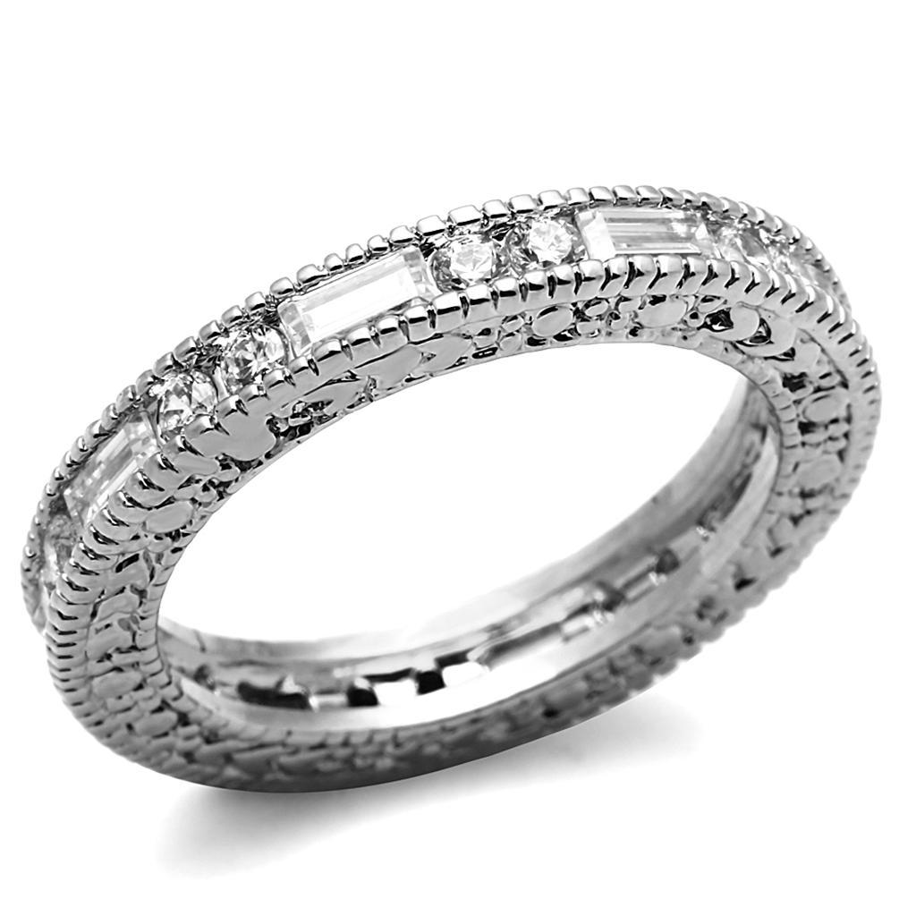 LO3558 Rhodium Brass Ring featuring a clear AAA Grade CZ stone, showcasing its elegant design and luxurious finish.