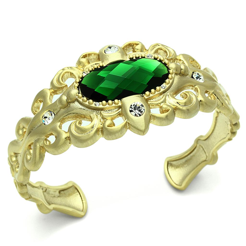 LO3666 Gold & Brush Brass Bangle featuring synthetic emerald glass stone, showcasing elegant design and craftsmanship.