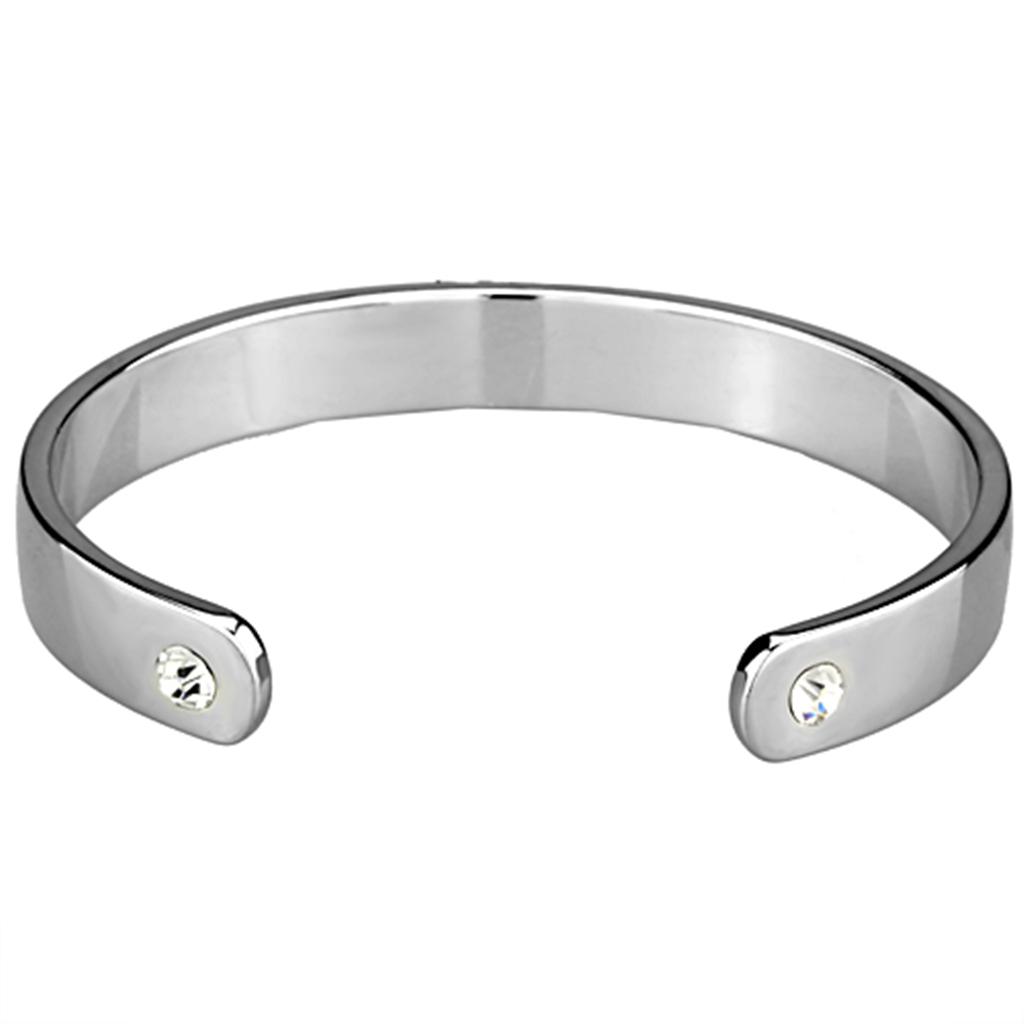 LO3612 Reverse Two-Tone White Metal Bangle featuring a clear top grade crystal centerpiece, showcasing elegance and sophistication.