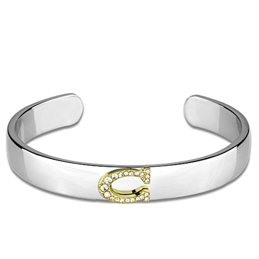 LO3613 Reverse Two-Tone White Metal Bangle featuring a clear top grade crystal, showcasing its elegant design and craftsmanship.